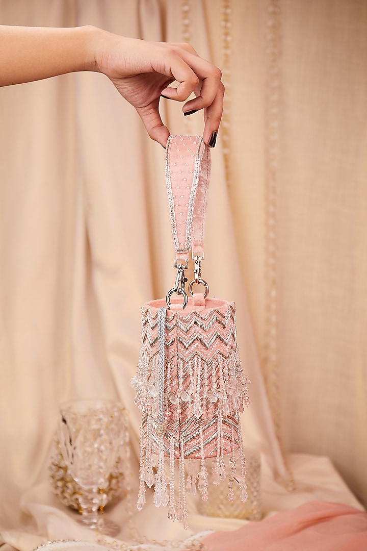 Pink Satin Crystal Hand Embroidered Potli Bag by House of Vian at Pernia's Pop Up Shop