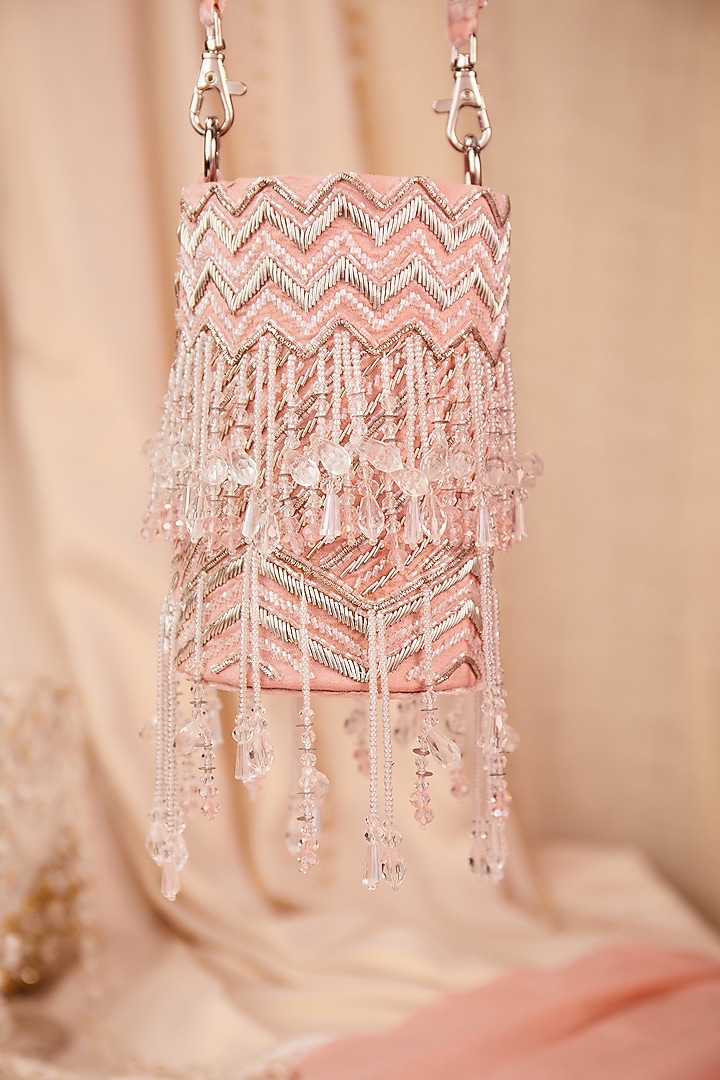 Pink Satin Crystal Hand Embroidered Potli Bag by House of Vian at Pernia's Pop Up Shop