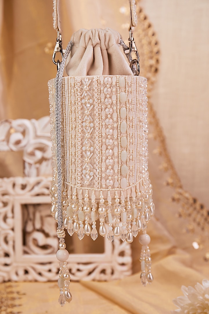 White Silk Crystal Hand Embroidered Potli Bag by House of Vian at Pernia's Pop Up Shop