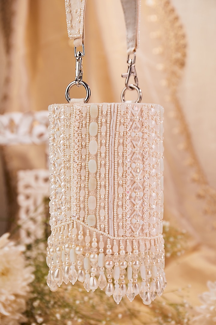 White Silk Crystal Hand Embroidered Potli Bag by House of Vian at Pernia's Pop Up Shop