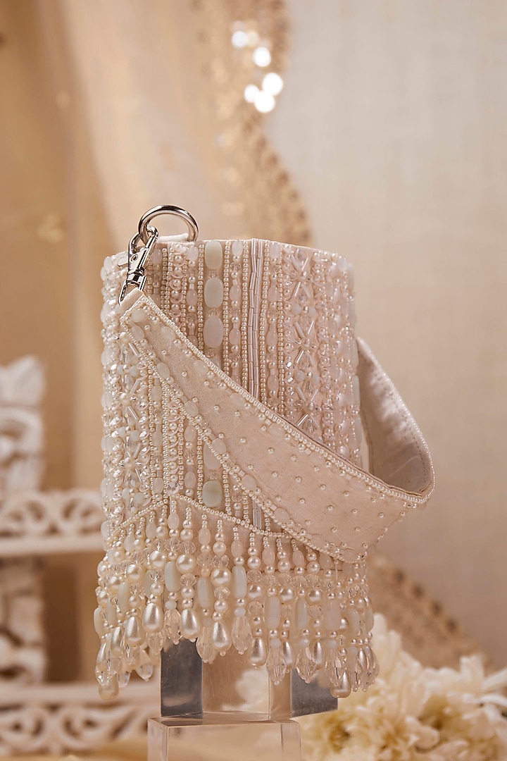 White Silk Crystal Hand Embroidered Potli Bag by House of Vian at Pernia's Pop Up Shop