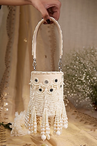 White Satin Pearl Hand Embroidered Potli Bag by House of Vian