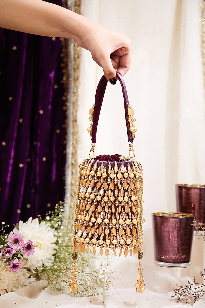 Purple Satin Crystal Hand Embroidered Potli Bag by House of Vian at Pernia's Pop Up Shop