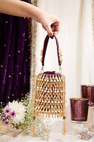 Purple Satin Crystal Hand Embroidered Potli Bag by House of Vian