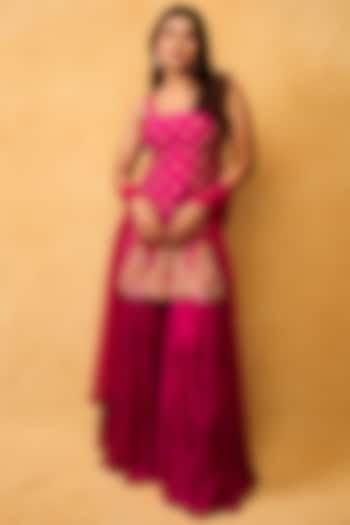 Magenta Pink Chinon Chiffon Tiered Bridal Sharara Set by Anu Pellakuru at Pernia's Pop Up Shop