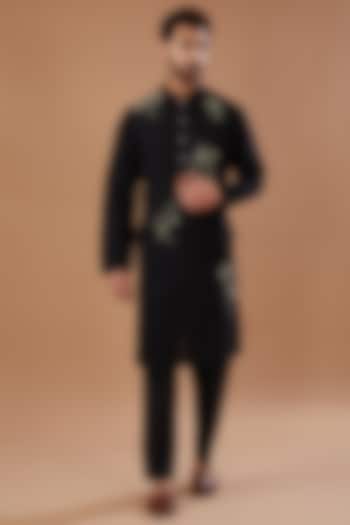 Black Matka Silk Anchor Hand Embroidered Kurta Set by HEER RANJHA at Pernia's Pop Up Shop