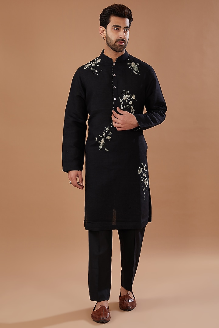 Black Matka Silk Anchor Hand Embroidered Kurta Set by HEER RANJHA at Pernia's Pop Up Shop