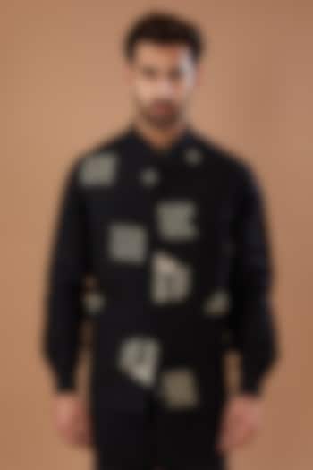 Black Matka Silk Hand Embroidered Nehru Jacket by HEER RANJHA at Pernia's Pop Up Shop