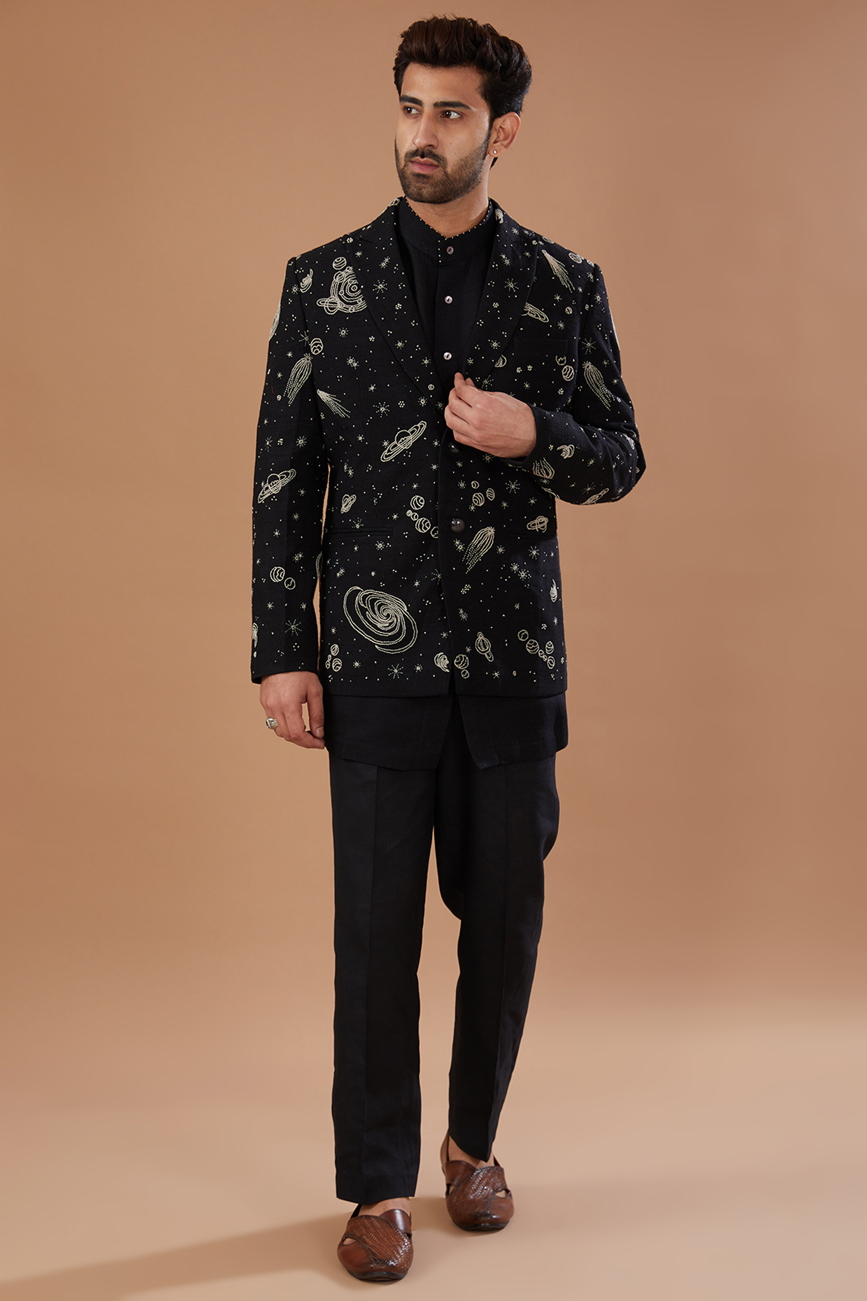 Black Heavy Matka Silk Hand Embroidered Jacket by HEER RANJHA