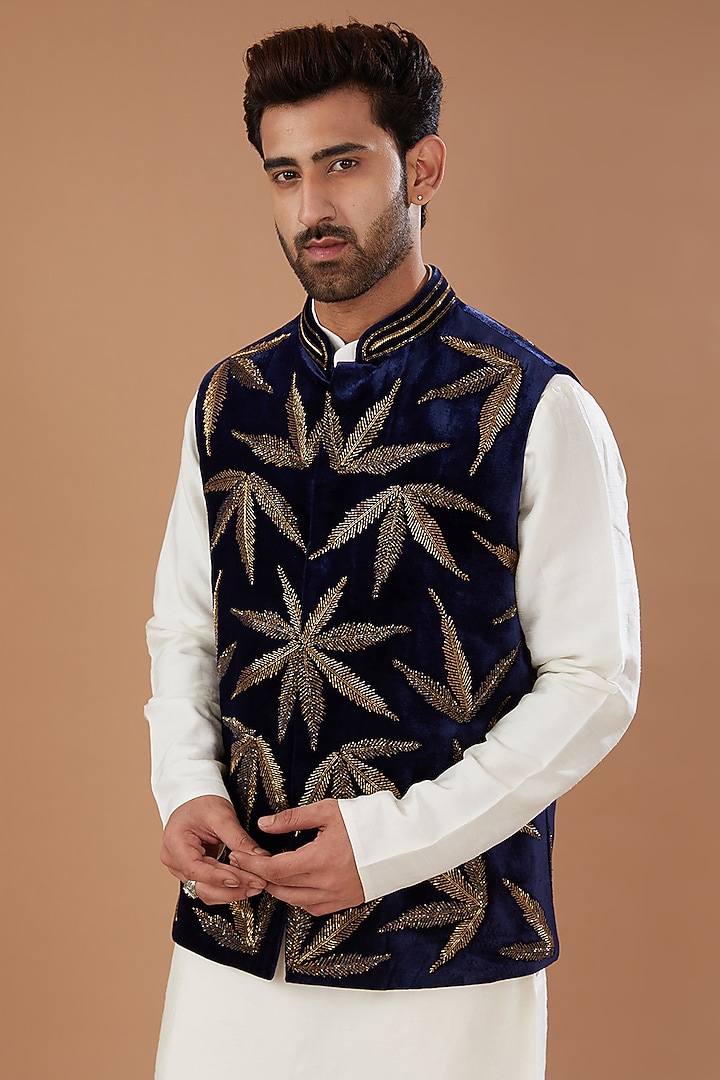 Blue Velvet Cutdana Hand Embroidered Nehru Jacket by HEER RANJHA at Pernia's Pop Up Shop
