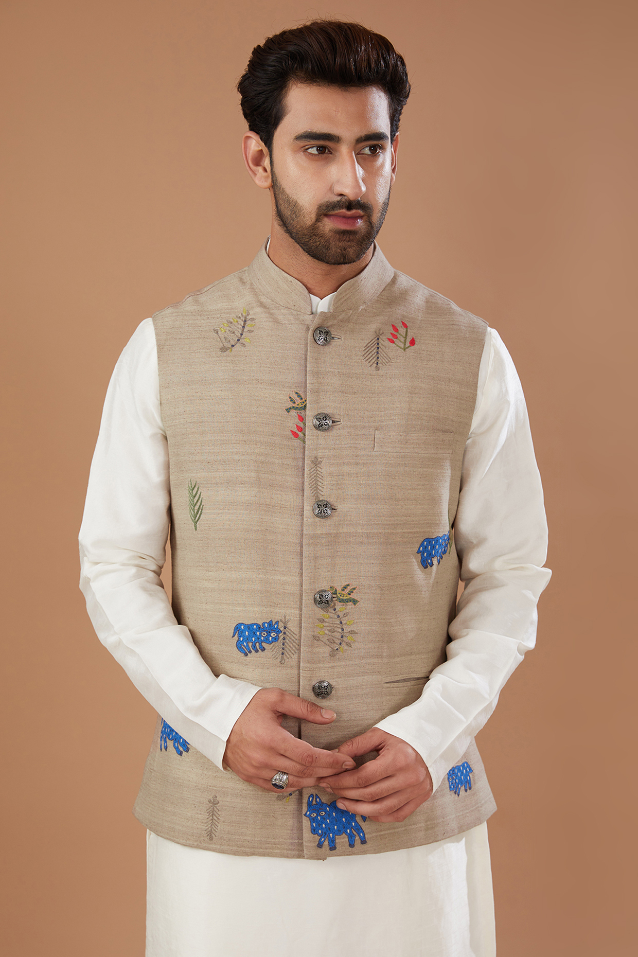 Mouse Matka Silk Machine Embroidered Nehru Jacket by HEER RANJHA