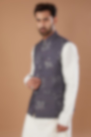 Bluish Grey Tussar Silk Digital Printed Nehru Jacket by HEER RANJHA at Pernia's Pop Up Shop