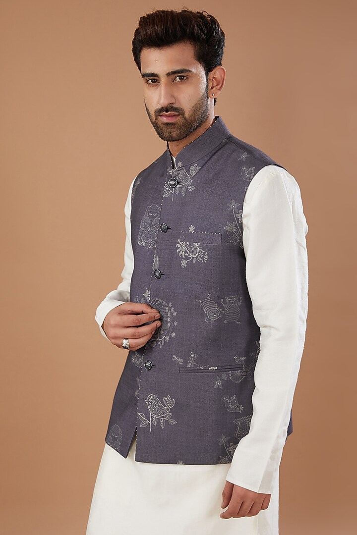 Bluish Grey Tussar Silk Digital Printed Nehru Jacket by HEER RANJHA at Pernia's Pop Up Shop