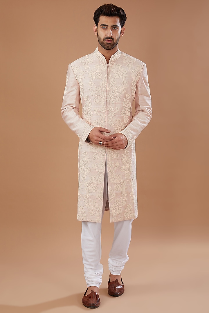 Pink Raw Silk Hand Embroidered Groom Sherwani Set by HEER RANJHA at Pernia's Pop Up Shop