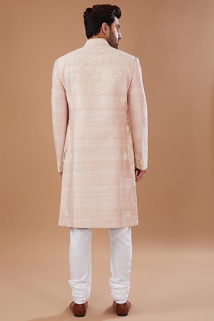 Pink Raw Silk Hand Embroidered Groom Sherwani Set by HEER RANJHA at Pernia's Pop Up Shop