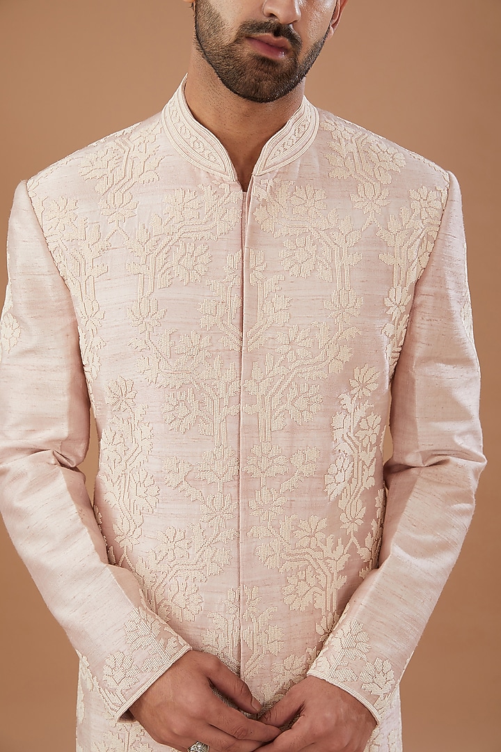 Pink Raw Silk Hand Embroidered Groom Sherwani Set by HEER RANJHA at Pernia's Pop Up Shop