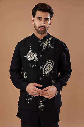 Black Matka Silk Hand Embroidered Nehru Jacket by HEER RANJHA