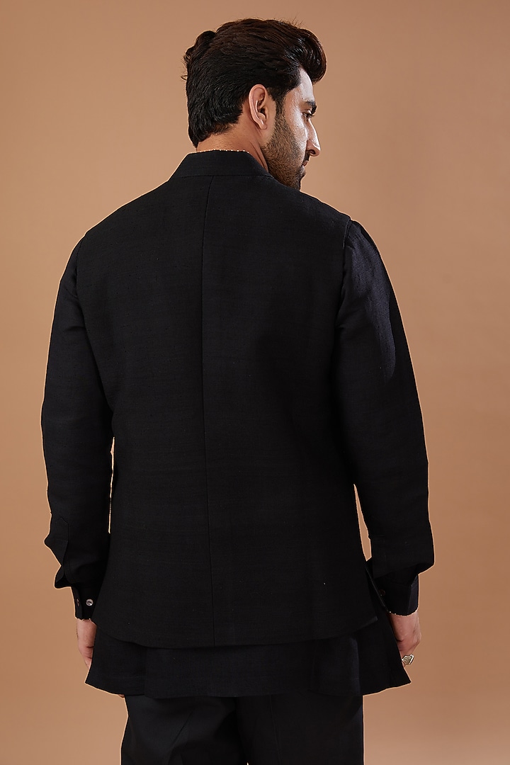 Black Matka Silk Hand Embroidered Nehru Jacket by HEER RANJHA at Pernia's Pop Up Shop