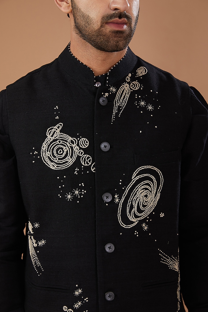 Black Matka Silk Hand Embroidered Nehru Jacket by HEER RANJHA at Pernia's Pop Up Shop