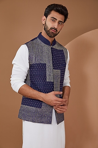 Blue Matka Hand Embroidered Nehru Jacket by HEER RANJHA
