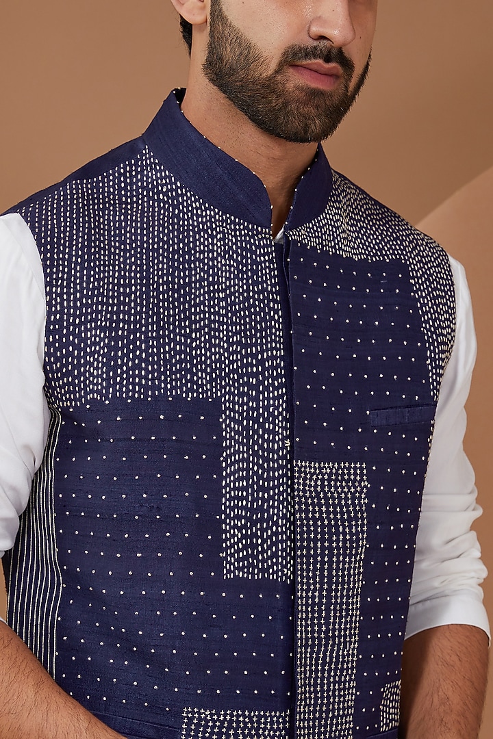 Blue Matka Hand Embroidered Nehru Jacket by HEER RANJHA at Pernia's Pop Up Shop