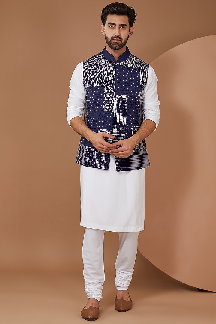 Blue Matka Hand Embroidered Nehru Jacket by HEER RANJHA at Pernia's Pop Up Shop