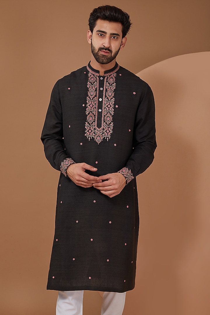 Black Matka Hand Embroidered Kurta Set by HEER RANJHA at Pernia's Pop Up Shop