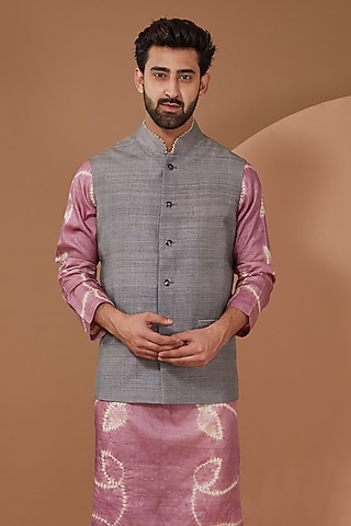 Light Grey Matka Nehru Jacket by HEER RANJHA