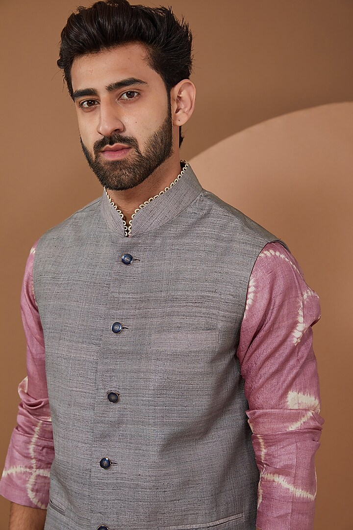 Light Grey Matka Nehru Jacket by HEER RANJHA at Pernia's Pop Up Shop