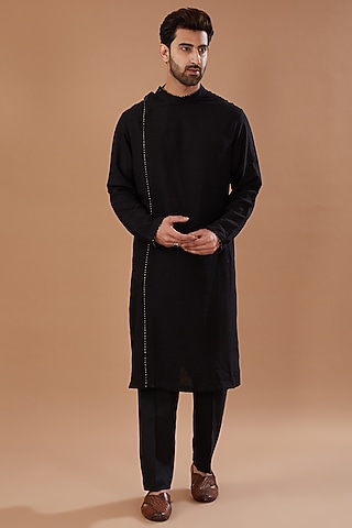 Black Matka Silk Hand Embroidered Angrakha Kurta Set by HEER RANJHA