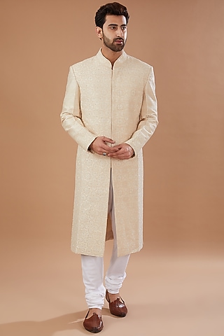 Off-White Raw Silk Hand Embroidered Sherwani Set by HEER RANJHA