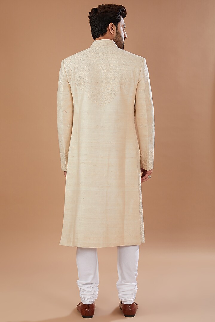 Off-White Raw Silk Hand Embroidered Groom Sherwani Set by HEER RANJHA at Pernia's Pop Up Shop