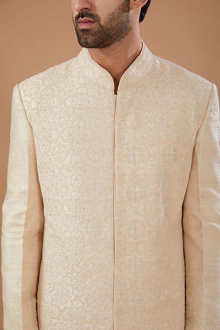 Off-White Raw Silk Hand Embroidered Groom Sherwani Set by HEER RANJHA at Pernia's Pop Up Shop
