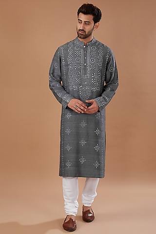 Grey Raw Silk Mirror Embroidered Kurta Set by HEER RANJHA