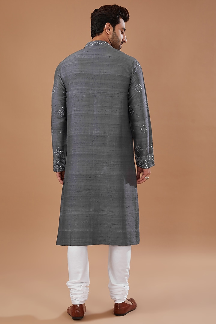 Grey Raw Silk Mirror Embroidered Kurta Set by HEER RANJHA at Pernia's Pop Up Shop