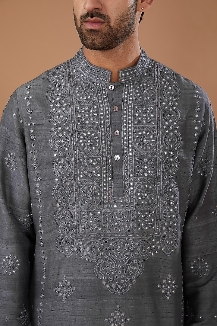 Grey Raw Silk Mirror Embroidered Kurta Set by HEER RANJHA at Pernia's Pop Up Shop