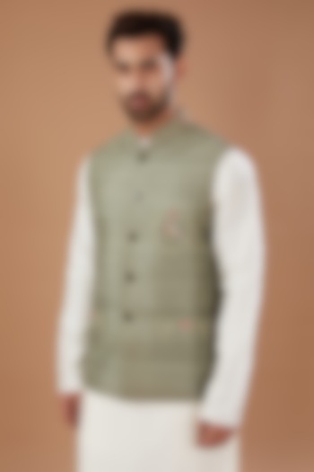 Green Raw Silk Floral Embroidered Nehru Jacket by HEER RANJHA