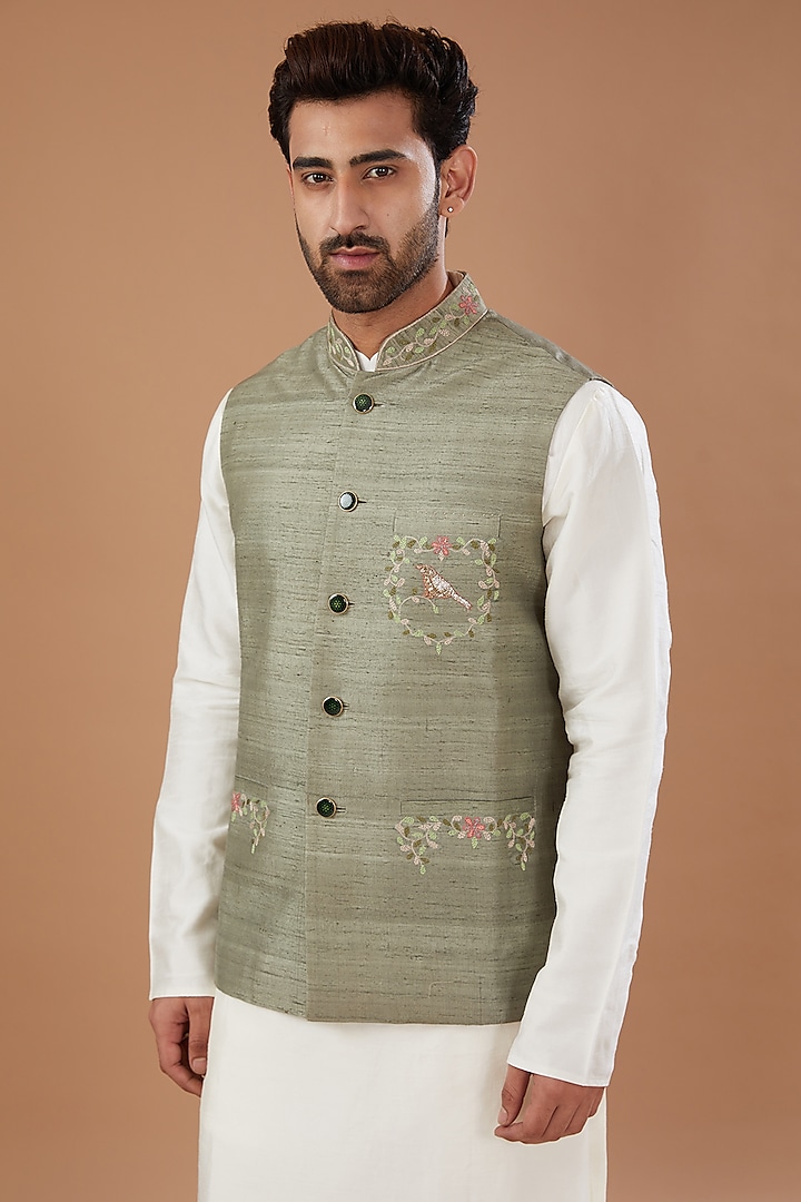 Green Raw Silk Floral Embroidered Nehru Jacket by HEER RANJHA