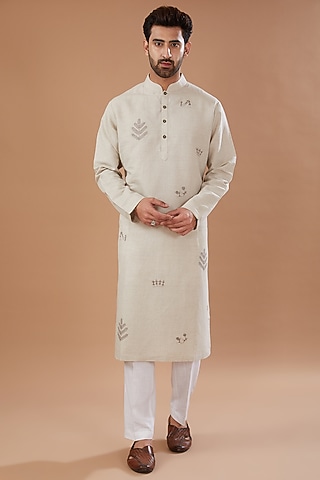 Beige Cotton Linen Embroidered Kurta Set by HEER RANJHA