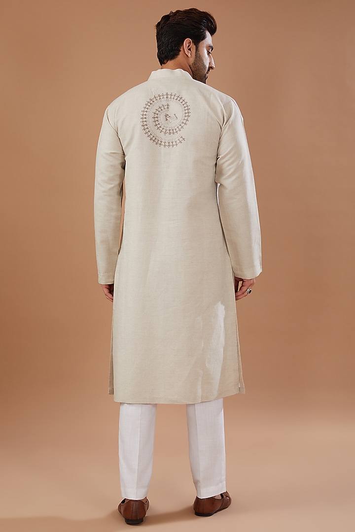 Beige Cotton Linen Embroidered Kurta Set by HEER RANJHA at Pernia's Pop Up Shop