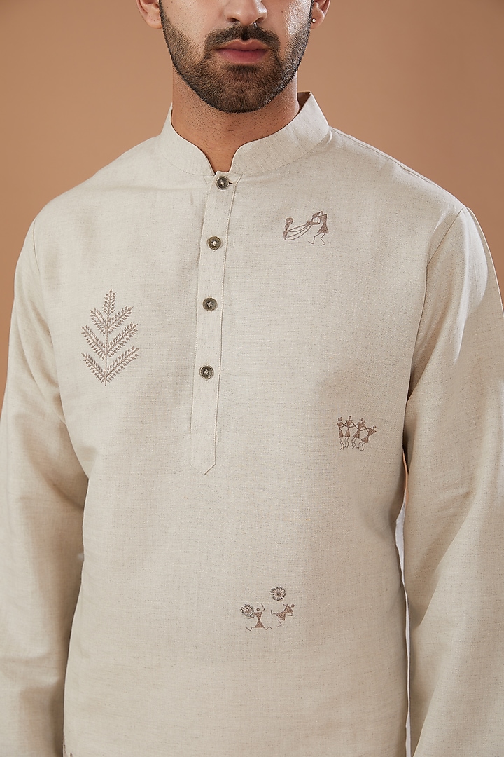 Beige Cotton Linen Embroidered Kurta Set by HEER RANJHA at Pernia's Pop Up Shop