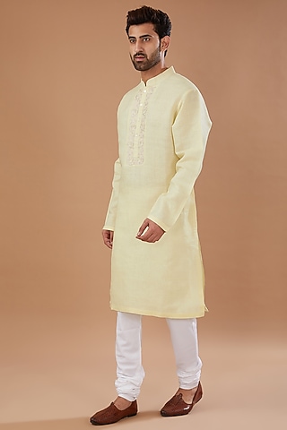 Light Yellow Matka Silk Embroidered Kurta Set by HEER RANJHA