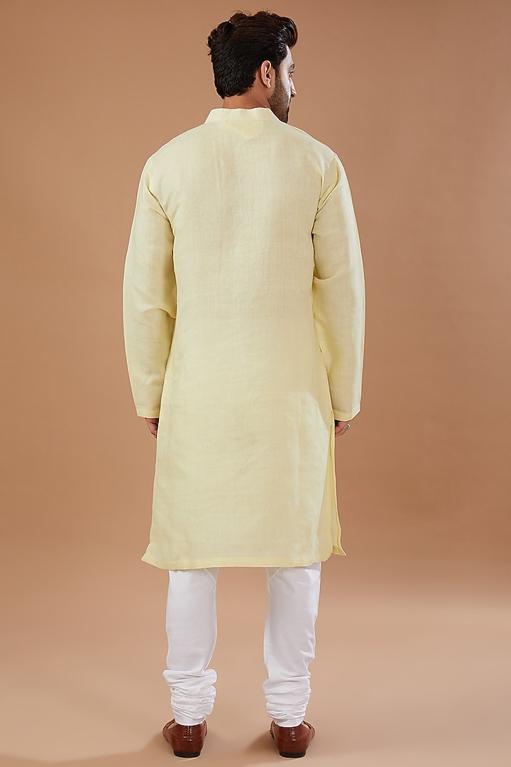 Light Yellow Matka Silk Embroidered Kurta Set by HEER RANJHA at Pernia's Pop Up Shop