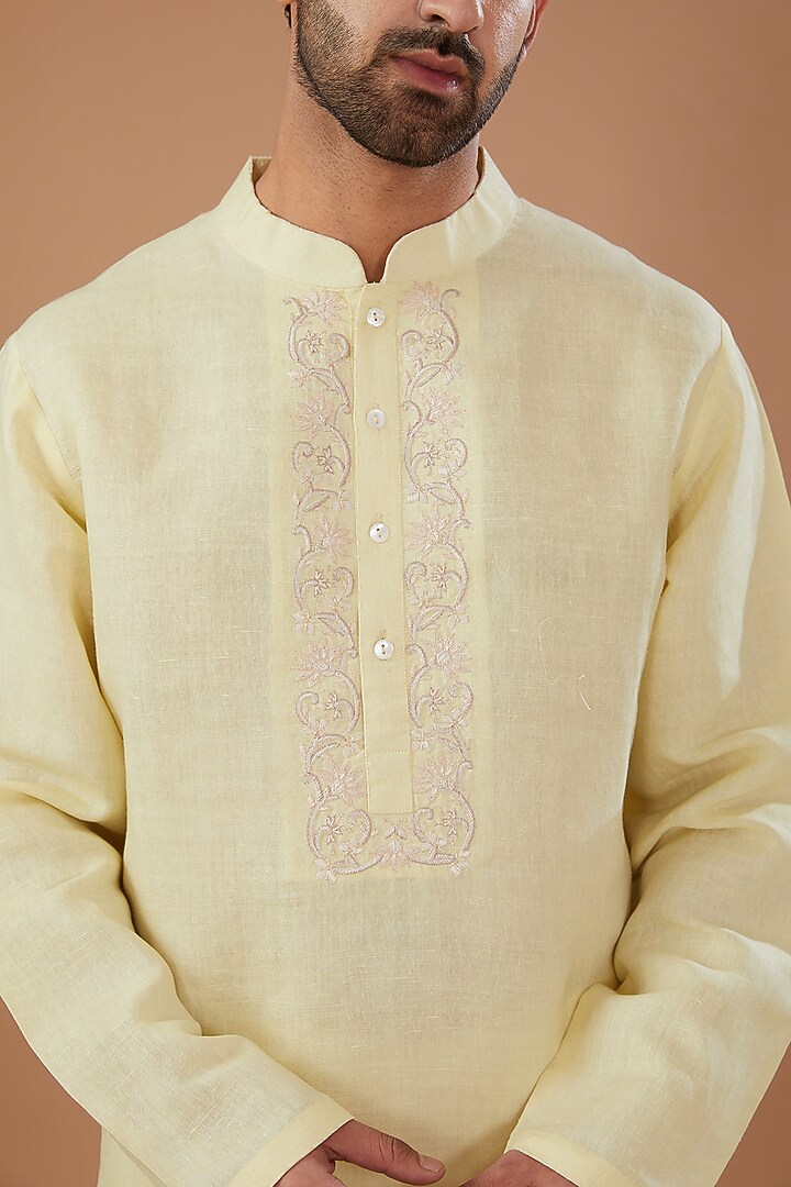 Light Yellow Matka Silk Embroidered Kurta Set by HEER RANJHA at Pernia's Pop Up Shop