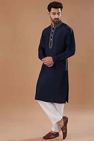 Blue Dupion Silk Hand Embroidered Kurta Set by HEER RANJHA