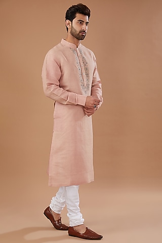 Dusty Pink Dupion Silk Floral Hand Embroidered Kurta Set by HEER RANJHA