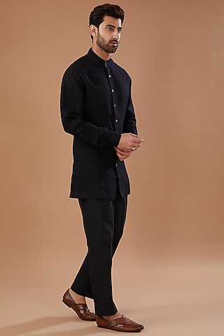 Black Cotton Linen Pant Set by HEER RANJHA