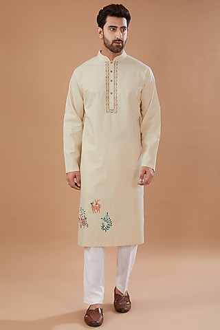 Beige Cotton Linen Floral Embroidered Kurta Set by HEER RANJHA