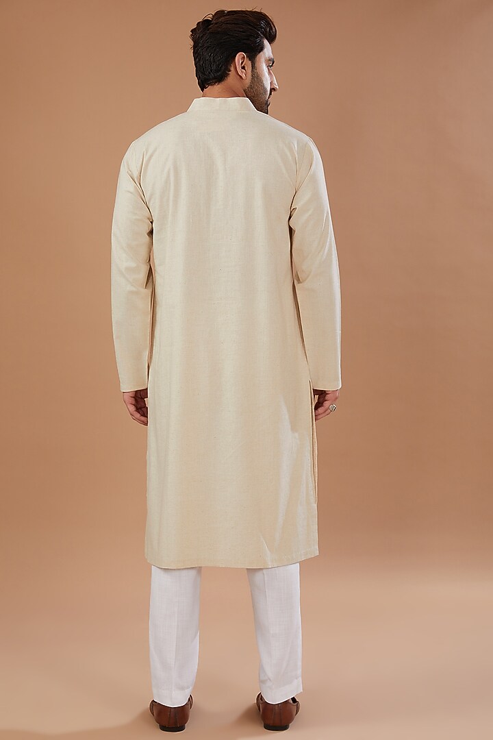 Beige Cotton Linen Floral Embroidered Kurta Set by HEER RANJHA at Pernia's Pop Up Shop