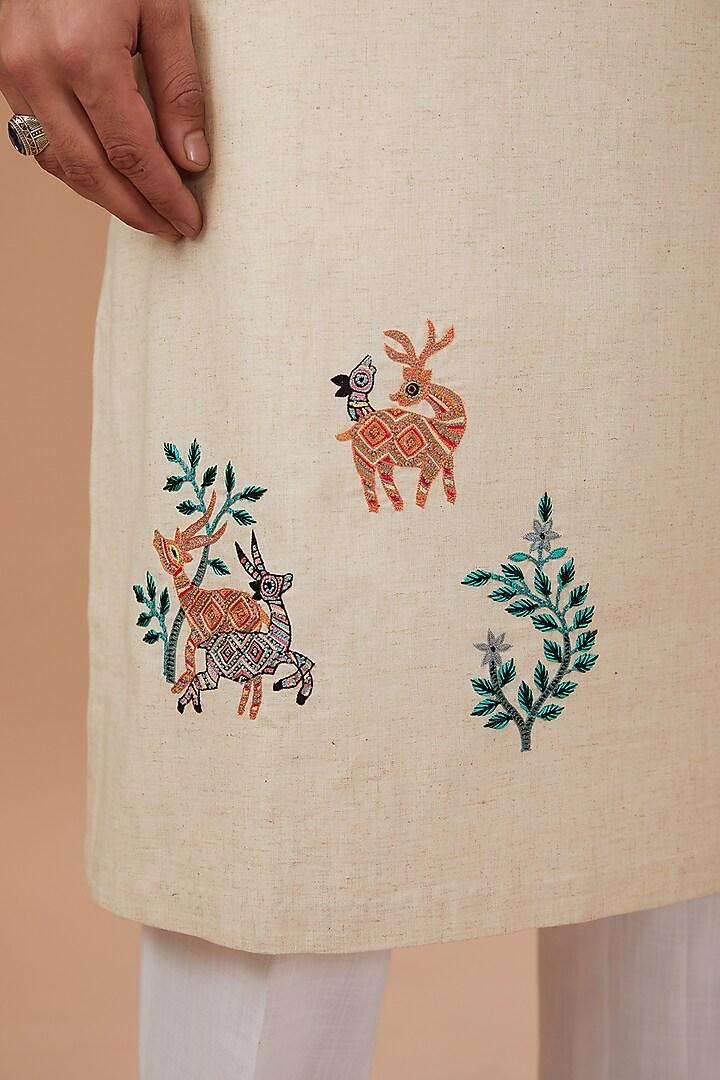 Beige Cotton Linen Floral Embroidered Kurta Set by HEER RANJHA at Pernia's Pop Up Shop
